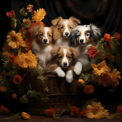 Playful puppies in a basket surrounded by flowers.