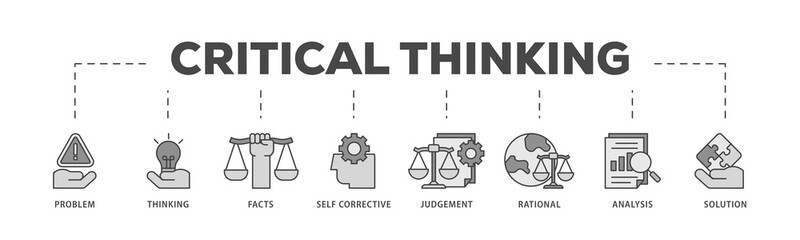Critical thinking icons process structure web banner illustration of solution, analysis, self corrective, rational, judgement, facts, thinking, problem icon live stroke and easy to edit 