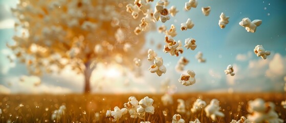 A popcorn tree in a field kernels popping off the branches creating a fun and whimsical snack time scene
