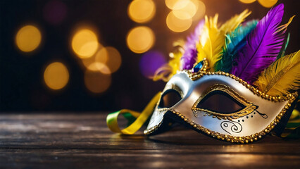 Mardi Gras carnival mask with feather on dark background, with copy space. Ai Generated. - obrazy, fototapety, plakaty