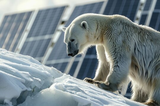 A polar bear on a melting glacier with solar panels in the background symbolizing the clash between nature and technology