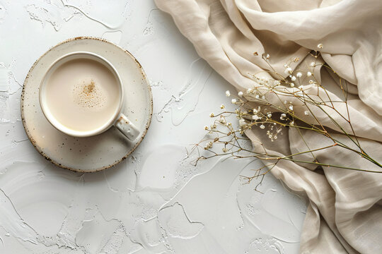 Latte in a speckled cup with baby's breath on a wet surface. Cozy and artistic breakfast concept. Design for culinary magazines, coffee shop menus, and lifestyle branding