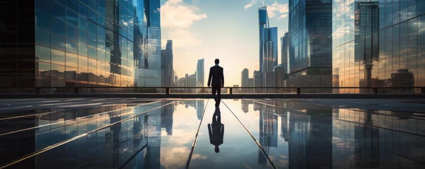 Muurstickers Successful businessman walking down the business centrum, reflective skyscrapers around. © Filip