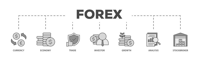 Forex icons process structure web banner illustration of currency, economy, trade, investor, growth, analysis and stockbroker icon live stroke and easy to edit 