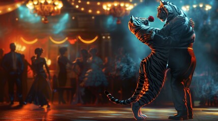 A tango-twirling tiger in an elegant dance hall, a rose in its mouth, dancing passionately with a partner under spotlights - obrazy, fototapety, plakaty
