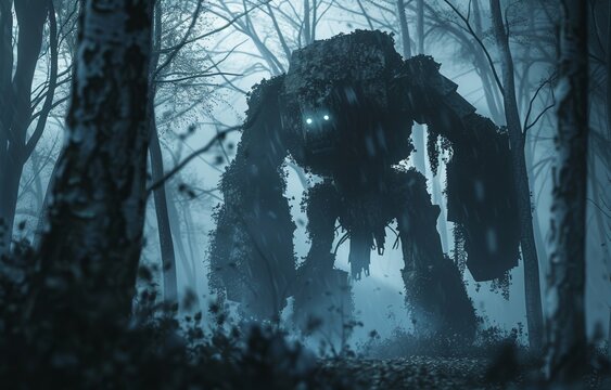 A twilight golem made of dusk shadows, moving silently through a dimly lit forest, its form changing with the fading light