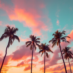 Fototapeta na wymiar Tropical palm trees against a pastel-colored sunset