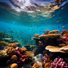 Underwater shot of coral reefs teeming with marine life