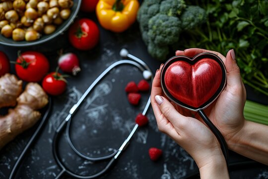 Based on the sentences and tags provided, an image could be described as A doctor holding a stethoscope with a heart symbol, surrounded by fresh, ripe cherry tomatoes and other vegetables on a table, 