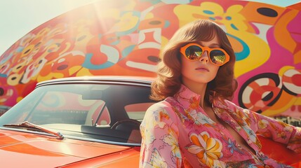 Stylish woman in retro fashion posing in front of a vintage car with colorful psychedelic...