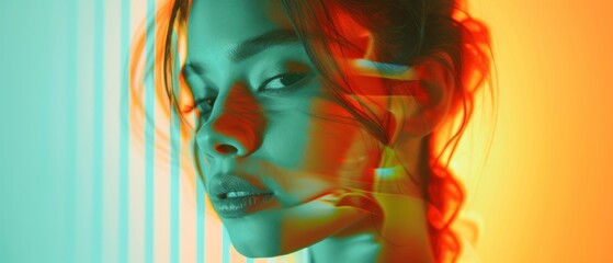 Portrait of a young woman with colorful neon lighting and shadow play, creating a trendy and artistic visual effect.