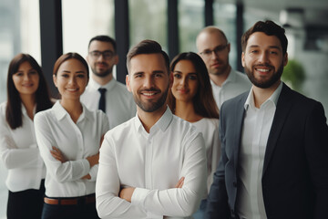 Confident Business Professionals Smiling Directly at Camera in Workplace Environment