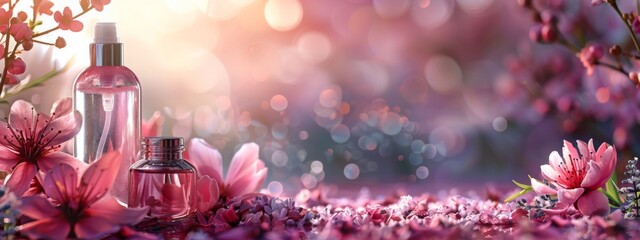 Obraz na płótnie Canvas Elegant perfume bottles nestled among vibrant spring blossoms, creating an alluring and romantic atmosphere.