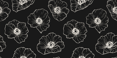 Vector botanical seamless pattern. Luxury minimal black and white floral background. Monochrome ornament with simple outline flower silhouettes, poppies. Delicate dark repeated design for decor, print - obrazy, fototapety, plakaty
