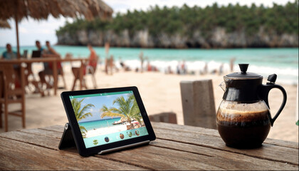 Tablet and glass coffee maker at a beach bar