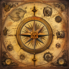 Vintage map with a compass rose and exploration tools.