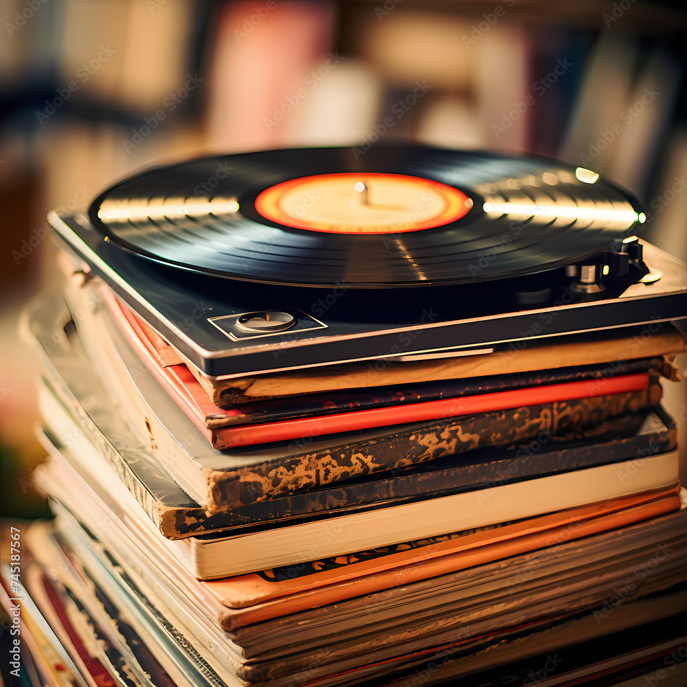 Poster vintage vinyl records stacked on a turntable.