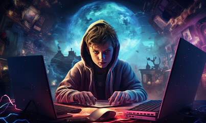 Exciting boy is playing PC games - obrazy, fototapety, plakaty