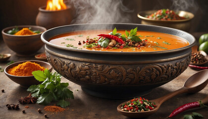 Spices and flavors of the soup against the backdrop of a beautiful sunny day, the vibrant colors...