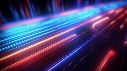 An abstract background of blurred light strips in red, blue, and purple. The colors are vibrant, and the strips move diagonally across the image. The background is black,.