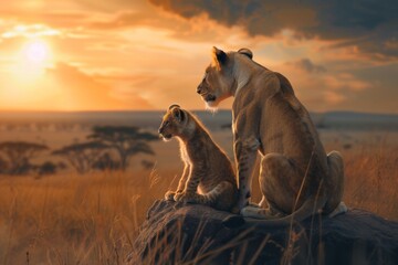 Intimate Moment of a Lioness with Her Cub on a Rock in the Maasai Mara National Reserve at Dusk