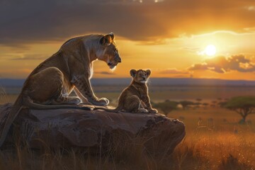 Intimate Moment of a Lioness with Her Cub on a Rock in the Maasai Mara National Reserve at Dusk - obrazy, fototapety, plakaty