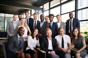 Fototapeta premium Confident Business Professionals Smiling Directly at Camera in Workplace Environment