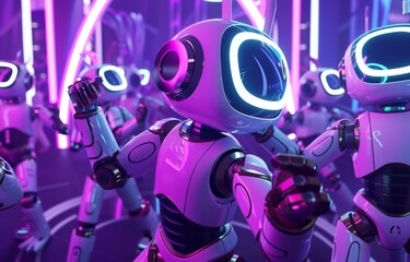 A robot dance party in a futuristic club various robots showcasing their best moves under neon lights and techno music