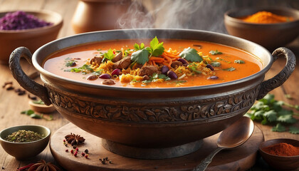 Spices and flavors of the soup against the backdrop of a beautiful sunny day, the vibrant colors and aromatic steam rise from the bowl, inviting viewers to indulge in its exquisite taste and beauty