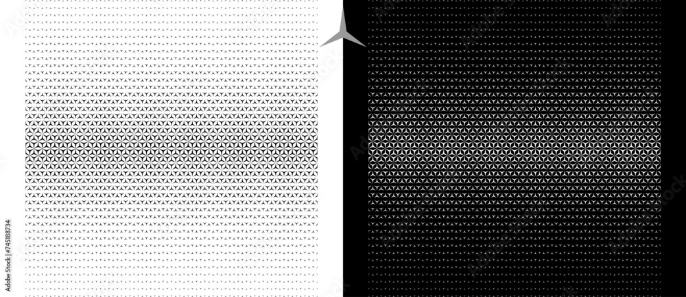 Poster Abstract background with repeated stars in halftone design. Black shape on a white background and the same white shape on the black side.