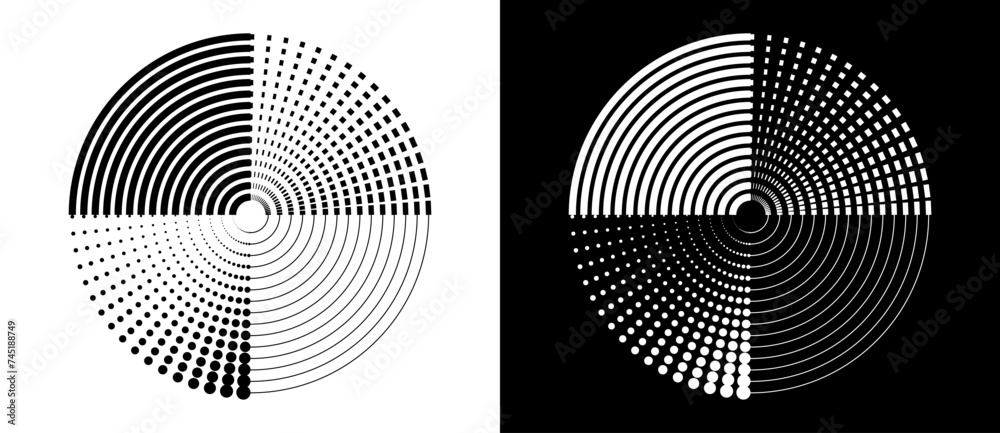 Fototapete Lines and dots in circle abstract background. Dynamic transition illusion. Black shape on a white background and the same white shape on the black side.