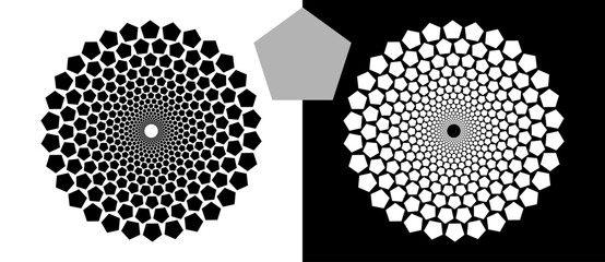 Halftone background with pentagons in circle form. Design element or icon. Black shape on a white background and the same white shape on the black side.