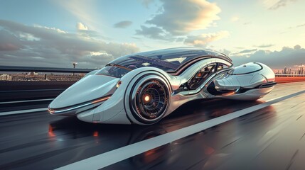 A sleek futuristic car designed with a key motif its body featuring key shaped accents gliding on a hover highway