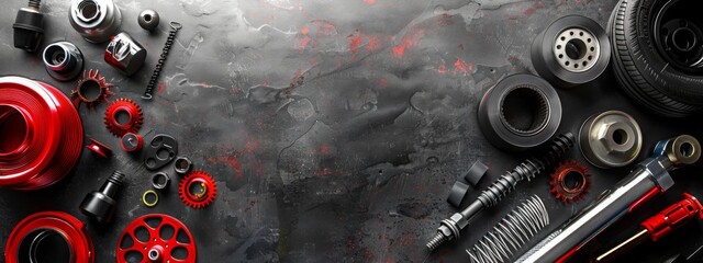 Assorted car parts and tools arranged on a dark background, emphasizing mechanics and automotive repair. Concept of engineering, maintenance, and machinery.
