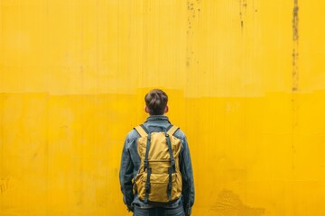 Man with Backpack Standing Before a Vibrant Yellow Wall