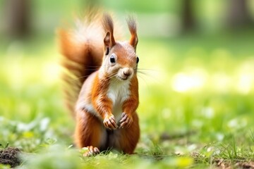 A squirrel standing on its hind legs in the grass. Perfect for nature and wildlife themes