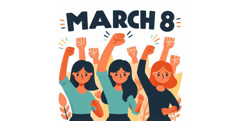 Illustration of a group of women raising their fists. International Women's day, march 8 with copy space for text. Women's rights.