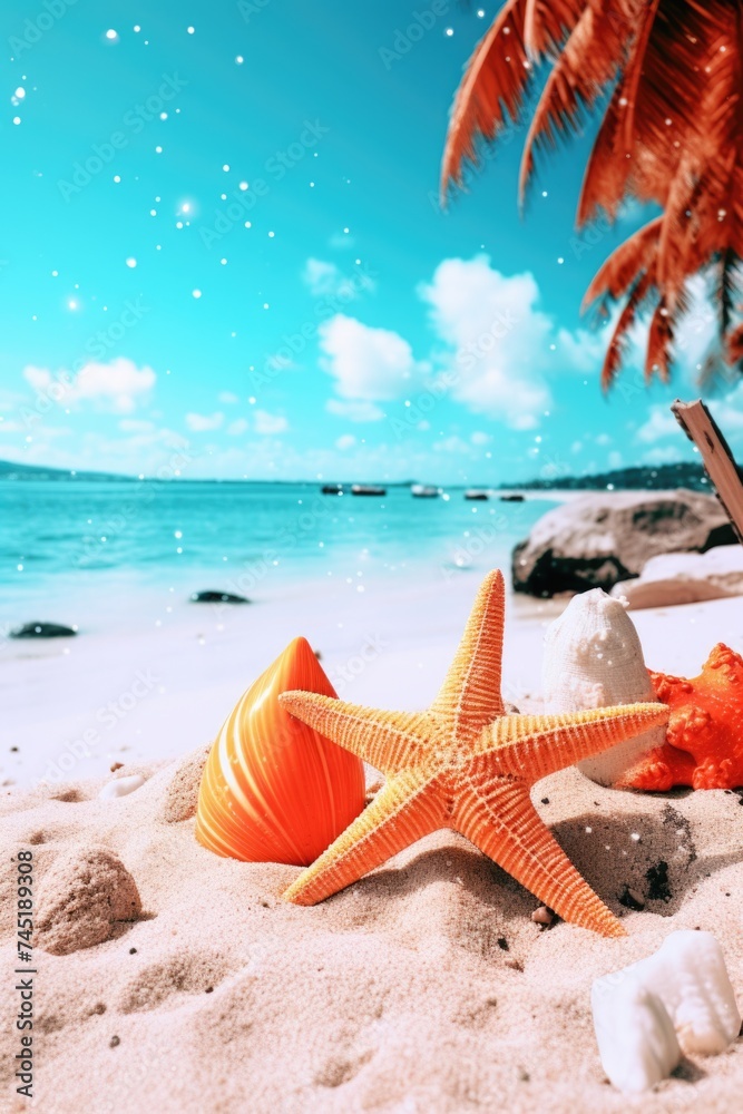 Aufkleber a starfish and a shell on a sandy beach. suitable for beach and marine themed projects