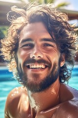 A man with a beard smiling in a pool, suitable for lifestyle and leisure concepts