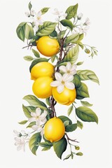 Fresh lemons hanging on a branch with white flowers, perfect for food and nature concepts