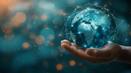 Hand holding a glowing global and telecommunication network and wireless mobile internet technology with 5G LTE data connection of global. blockchain, global communication