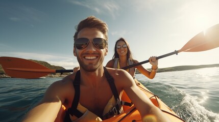 A man and a woman enjoying a kayak ride. Suitable for outdoor activities concept - obrazy, fototapety, plakaty