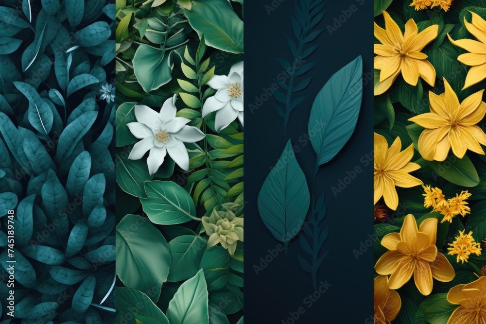 Poster a collection of four different images featuring flowers and leaves. perfect for nature and botanical