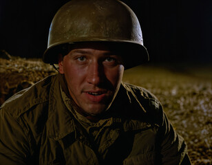 Obraz premium photo of intense soldier man in army outfit and helmet in serious dangerous war at night, generative AI