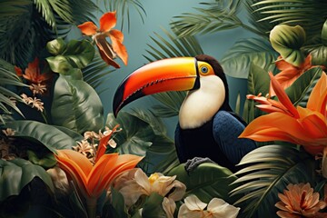 Fototapeta premium Colorful toucan perched on a branch surrounded by vibrant flowers. Ideal for nature and wildlife themed projects