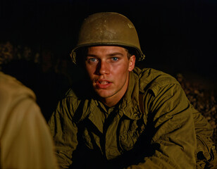 Fototapeta premium photo of intense soldier man in army outfit and helmet in serious dangerous war at night, generative AI