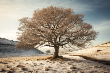 Serene winter landscape photo featuring a majestic lone tree