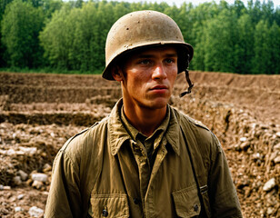 Fototapeta premium photo of intense soldier man in army outfit and helmet in serious dangerous war walking on field, generative AI