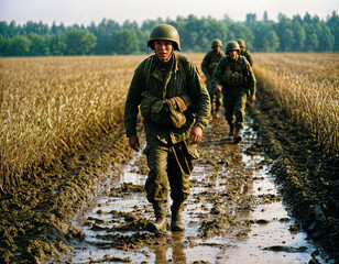 Fototapeta premium photo of intense soldier man in army outfit and helmet in serious dangerous war walking on field, generative AI