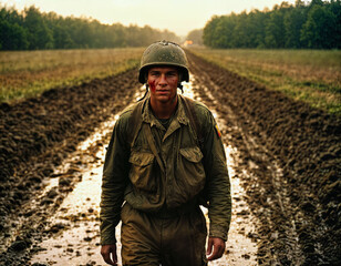 photo of intense soldier man in army outfit and helmet in serious dangerous war walking on field, generative AI
